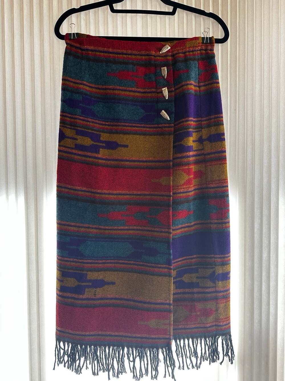 Vintage CHICOS Southwestern Aztec Print Wool Blend Fringed Wrap Skirt